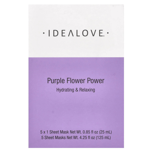 Idealove, Purple Flower Power, 5 тканевых косметических масок, 25 мл (0,85 жидк. унции) каждая