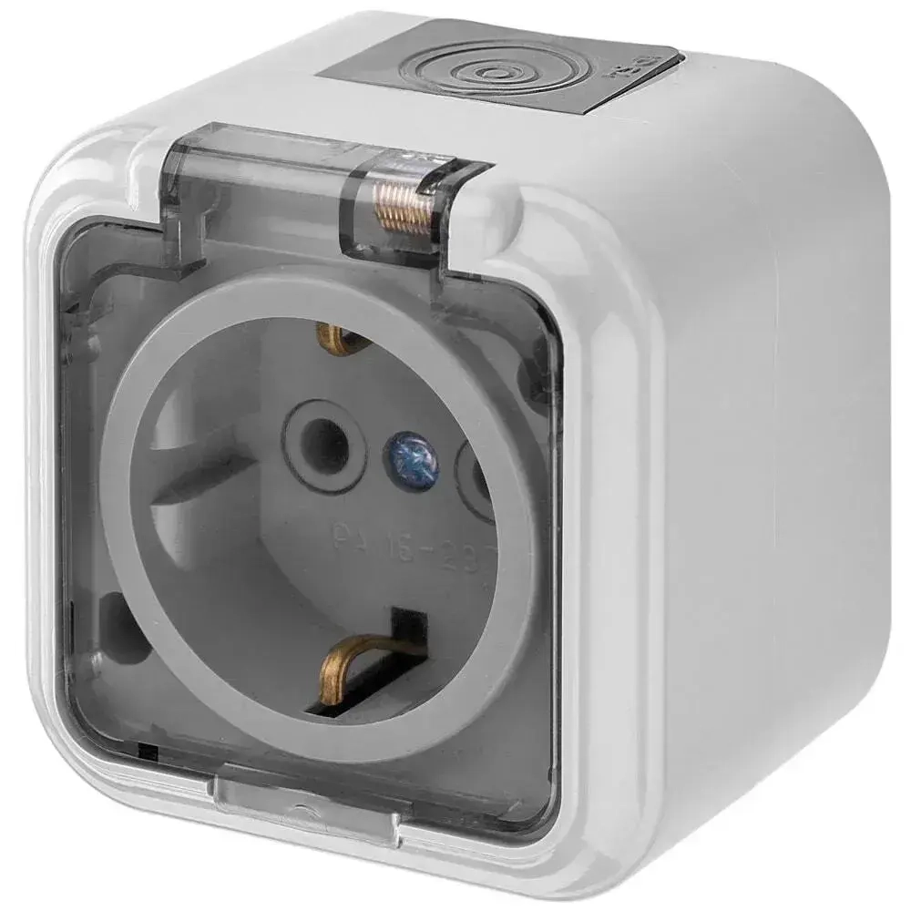 Розетка накладная с крышкой, влагозащищённая с заземлением "ПРАЛЕСКА АКВА", серый/прозрачный