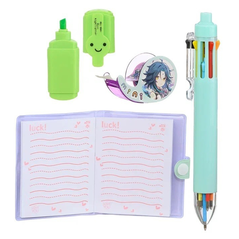 Канцелярский набор Basir с цветным текстовыделителем, 8-ми цветной ручкой, скотчем и блокнотом, серия "Аниме", ассорти, 19.7*11 см