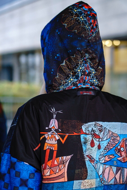 Двусторонняя куртка "Связь времён. Синее и голубое", по мотивам живописи Пауль Клее и знаменитого трактата Андреаса Целлариуса "Гармония Макрокосмоса"