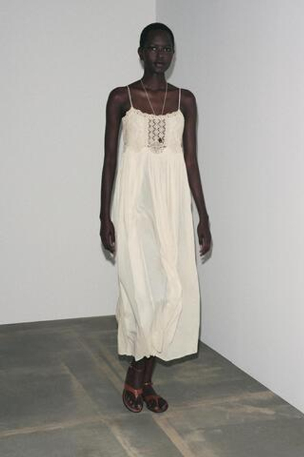 ZARA ПЛАТЬЕ НА БРЕТЕЛЯХ С КРУЖЕВОМ — ZW COLLECTION, ЭКРЮ