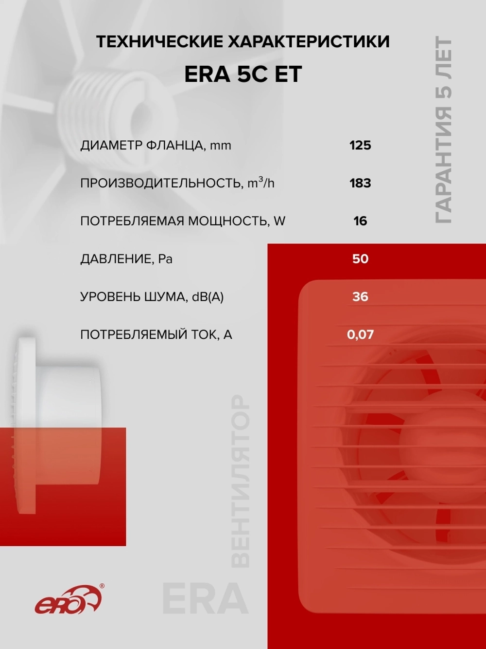 Вентилятор накладной ERA D125 обр.клапан ET ERA