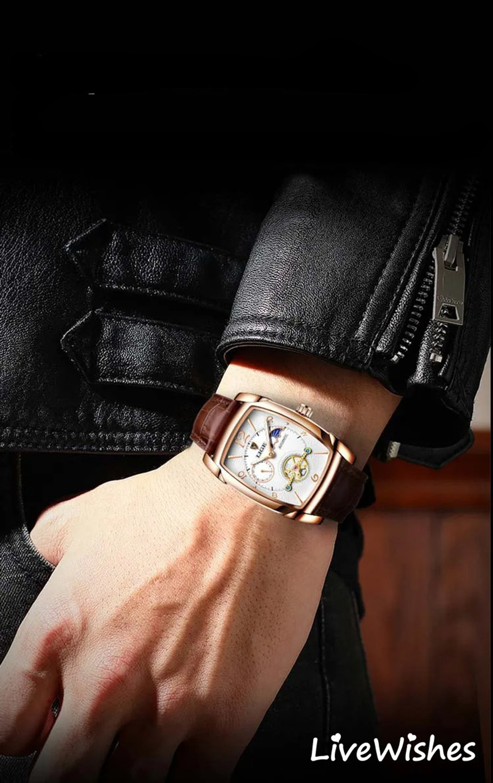 Часы наручные механические с автоподзаводом LIGE на кожаном ремешке, золотистый/коричневый W9110-01