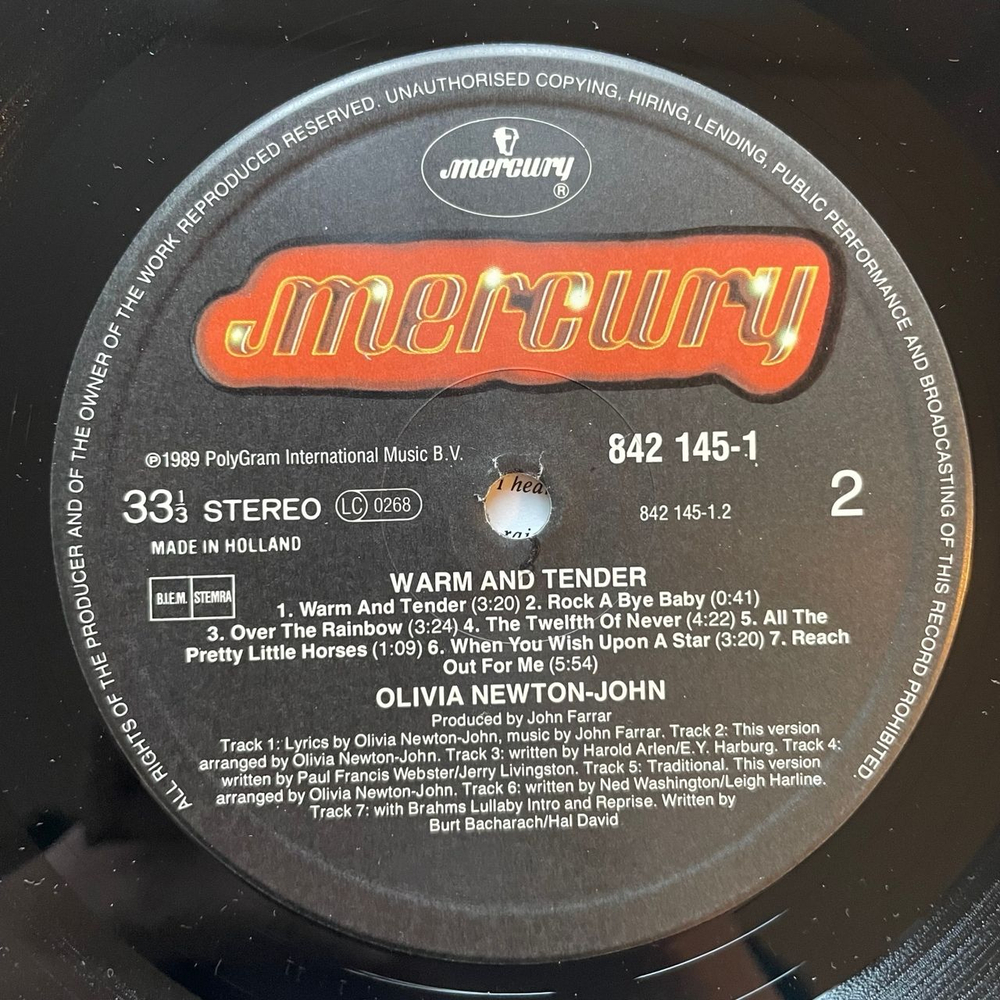 Винтажная виниловая пластинка LP Olivia Newton John, Warm And Tender (Нидерланды 1989)