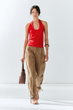 Massimo Dutti Брюки из замшевой кожи с завязками по низу, зеленый