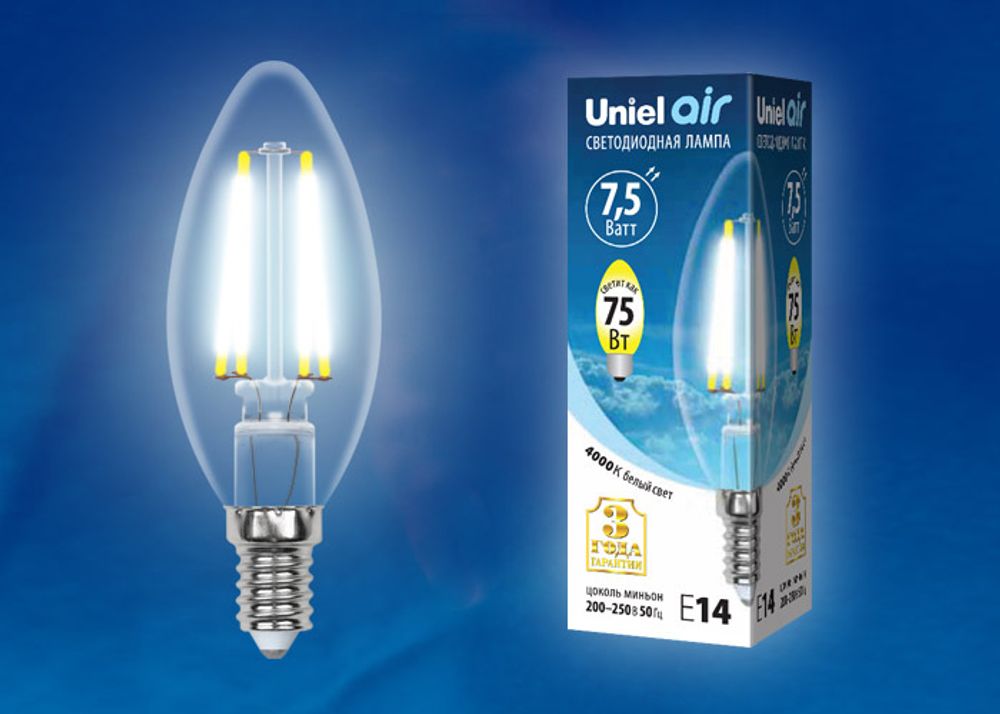 LED-C35-7,5W/NW/E14/CL GLA01TR Лампа светодиодная. Форма свеча, прозрачная. Серия Air. Белый свет (4000K). Картон. ТМ Uniel