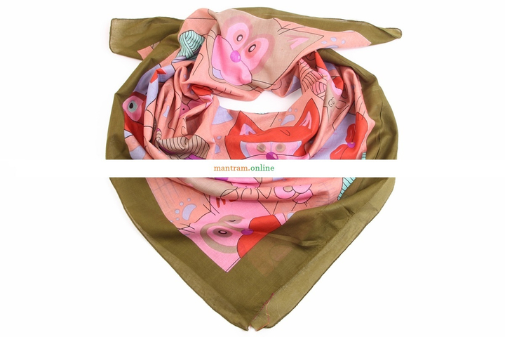 Платок материал Хлопок 100% "Кот с мышами" на мандариновом фоне с хаки каймой 100x100 см.