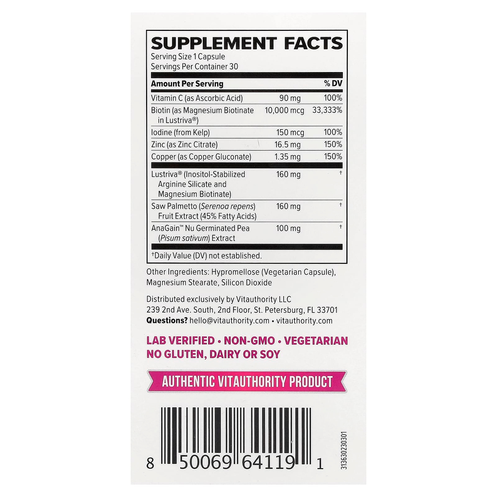 Vitauthority, активатор роста волос, 30 капсул