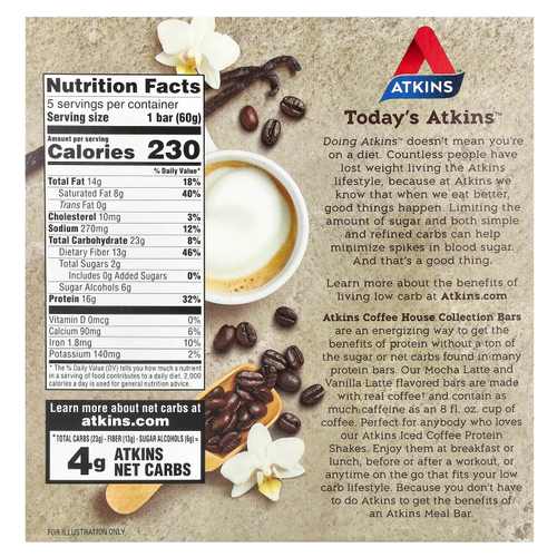 Atkins, Coffee House Collection, ванильный латте, 5 батончиков по 60 г (2,12 унции)