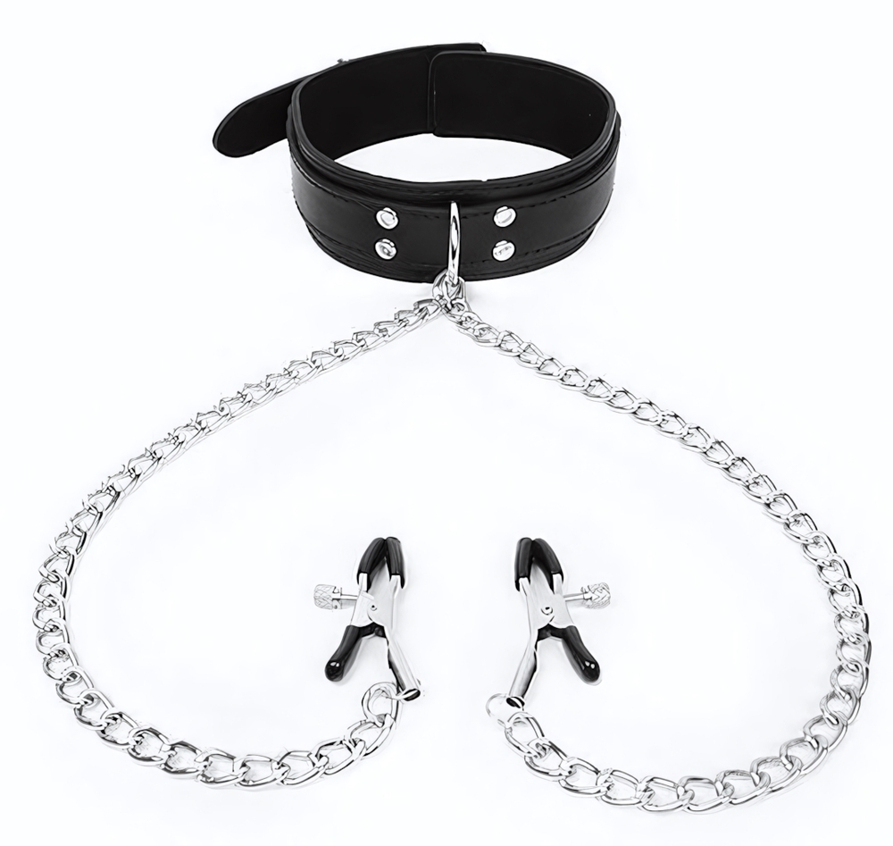 Черный ошейник с зажимами на соски на цепочке (Цвет: черный)