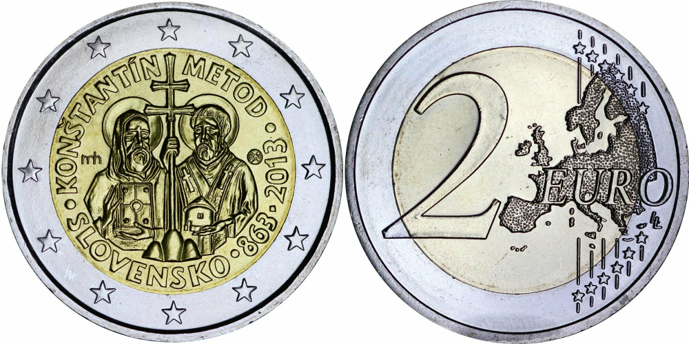 Словакия 2 евро, 2013 1150 лет миссии Кирилла и Мефодия в Великой Моравии aUNC