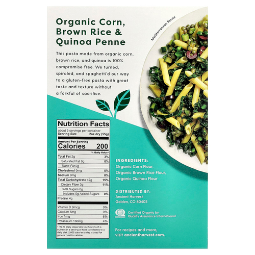 Ancient Harvest, Organic & Gluten Free Pasta, Penne, Corn, Brown Rice & Quinoa, 9.6 oz (272 g)