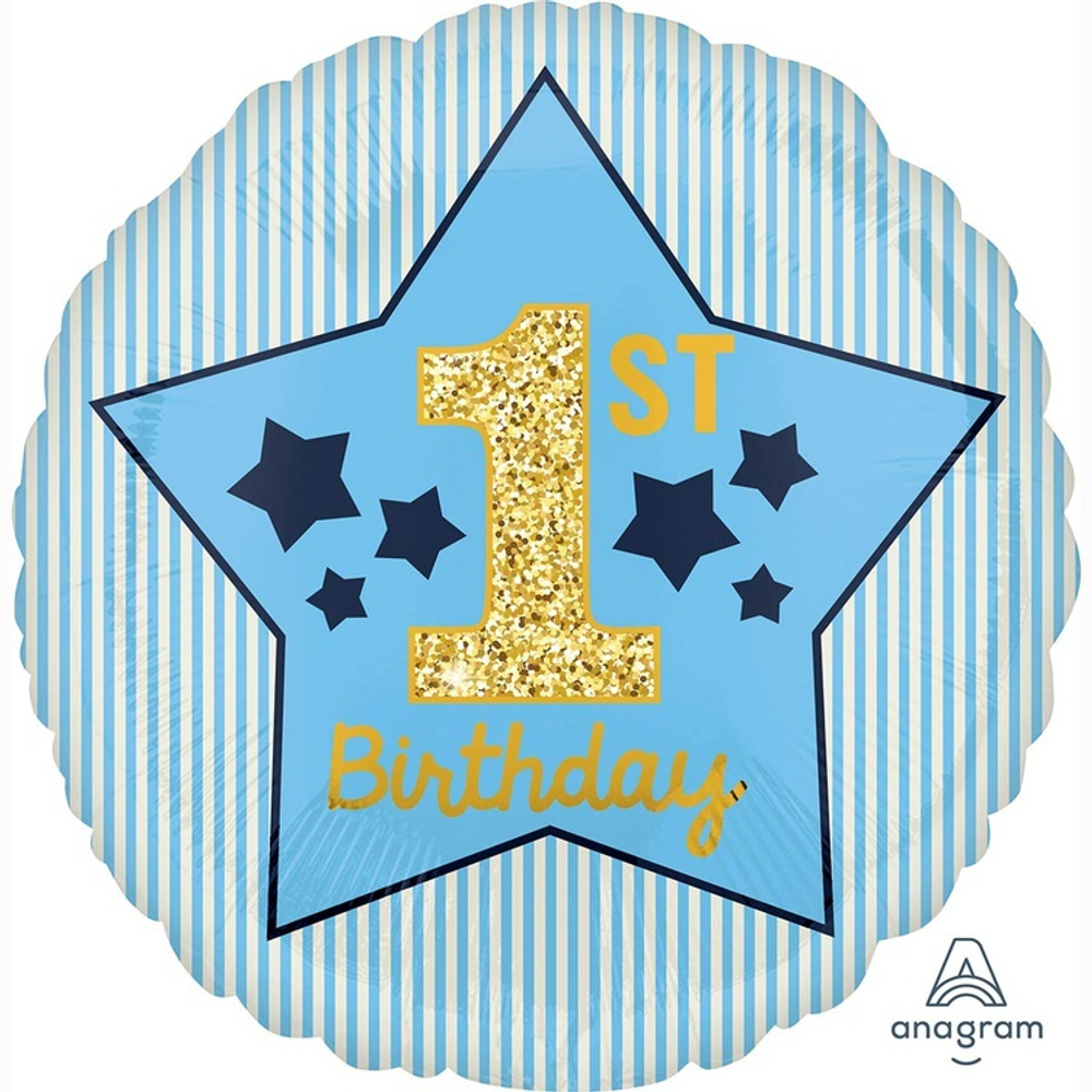 Фольгированная фигура, круг, 1-й ДР Мальчик Звезды BlueGold S40,18"/46СМ