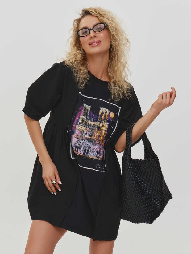 Платье футболка с принтом ПАРИЖ, черное