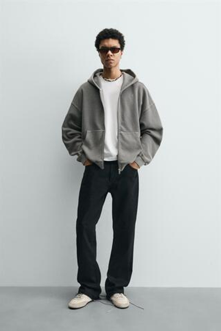 ZARA ХУДИ ИЗ ВАФЕЛЬНОЙ ТКАНИ С ЭФФЕКТОМ ПОТЕРТОСТИ, СВЕТЛО-СЕРЫЙ