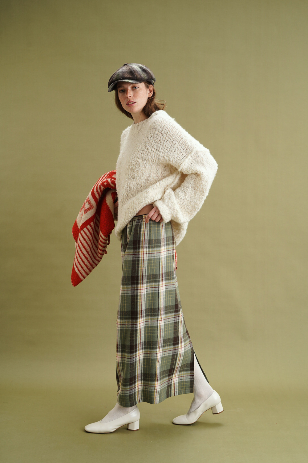 Юбка длинная прямая, пыльно-зеленая клетка