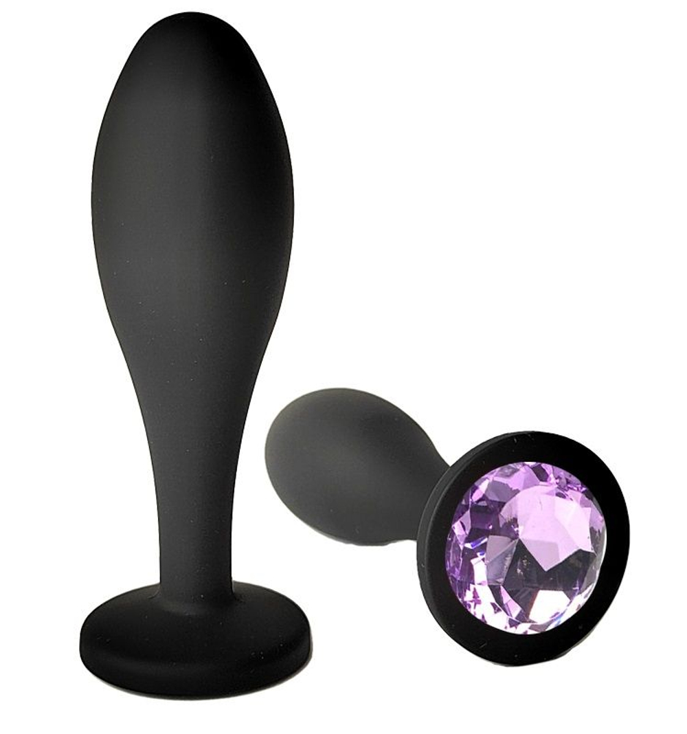 Черная анальная пробка с сиреневым кристаллом - 7,7 см. (Цвет: сиреневый)