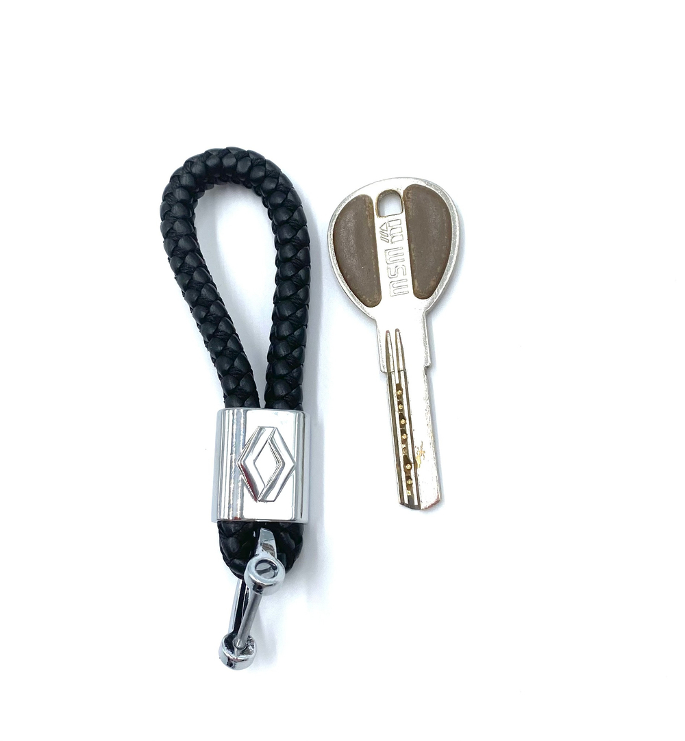 Брелок для ключей кожаный с эмблемой Renault с карабином (кожзам, косичка, черный цвет)