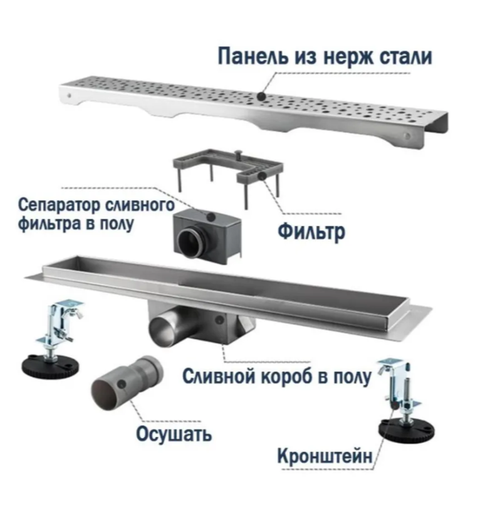 Трап для душа 750мм с горизонтальным выходом / с решеткой из нерж.стали