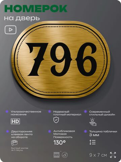 Номерок на дверь квартиры 796, для кабинета, офиса, шильдик 9 х 7 см, золотистый, Айдентика Технолоджи