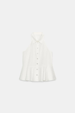 ZARA РУБАШКА С БАСКОЙ И ВОРОТНИКОМ ХАЛТЕР, БЕЛЫЙ