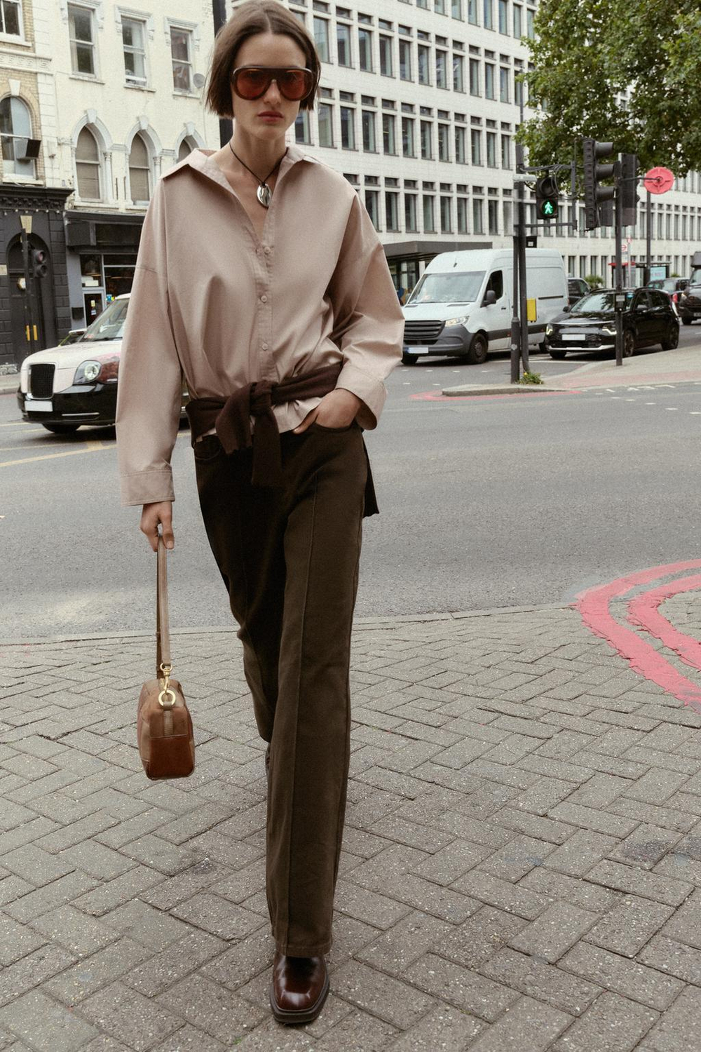 ZARA РУБАШКА ИЗ ПОПЛИНА С ПУГОВИЦАМИ, БЕЖЕВЫЙ