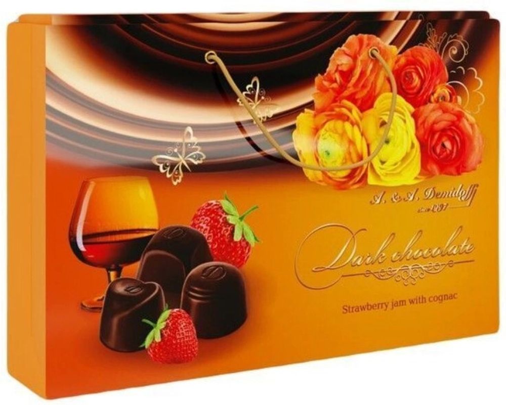 Конфеты Demidoff из темного шоколада с Клубничным вареньем и коньяком в сумке 284г