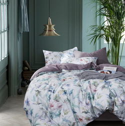 Постельное белье ЕВРО (двуспалка) Египедский Хлопок Белый лепестки сиреневый