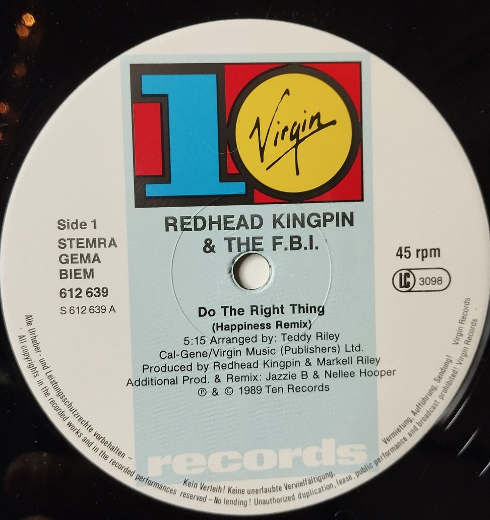 Винтажная виниловая пластинка LP Redhead Kingpin And The F.B.I.Do The Right Thing (The Happiness Remix) (UK 1989) 45 RPM Maxi Single
