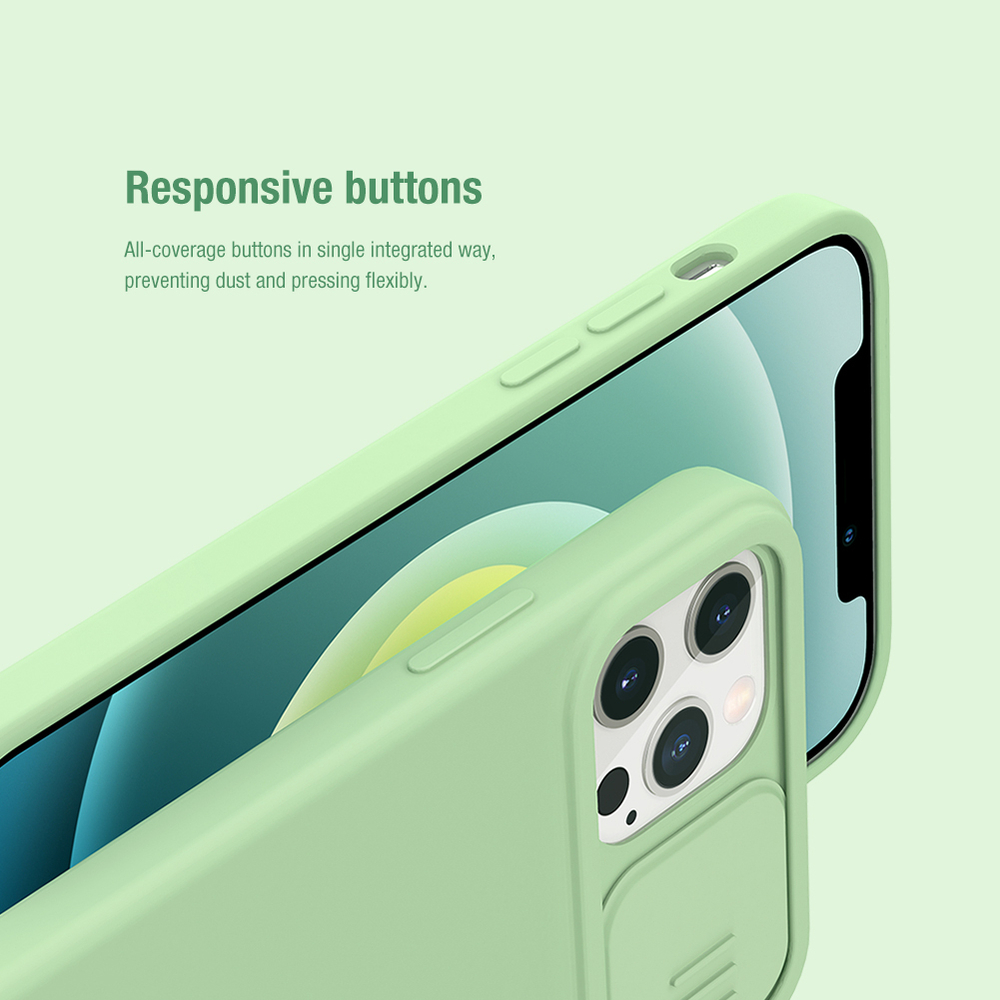 Чехол зеленого цвета (Matcha Green) от Nillkin для iPhone 12 Pro Max, мягкое шелковистое покрытие силикона, серия CamShield Silky Magnetic Silicone c поддержкой беспроводной зарядки MagSafe