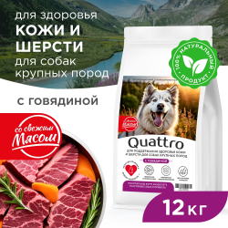 Корм сухой для взрослых собак крупных пород, премиум полнорационный комплекс, здоровье кожи и шерсти, с говядиной, 12 кг, QUATTRO