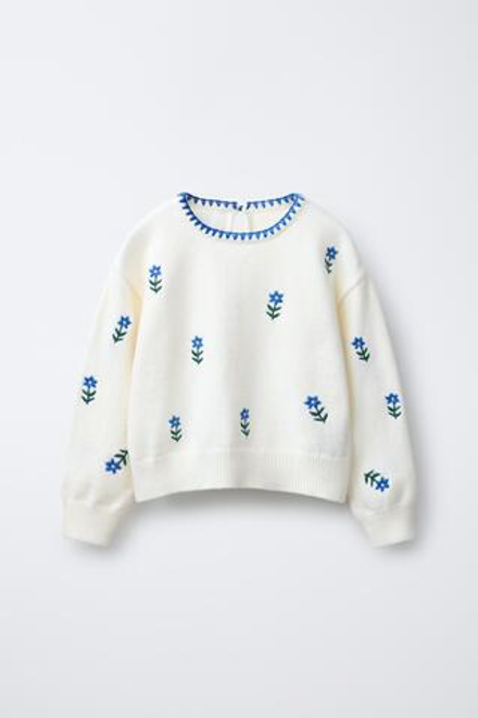 ZARA ТРИКОТАЖНЫЙ ДЖЕМПЕР С ВЫШИТЫМИ ЦВЕТАМИ, ЭКРЮ