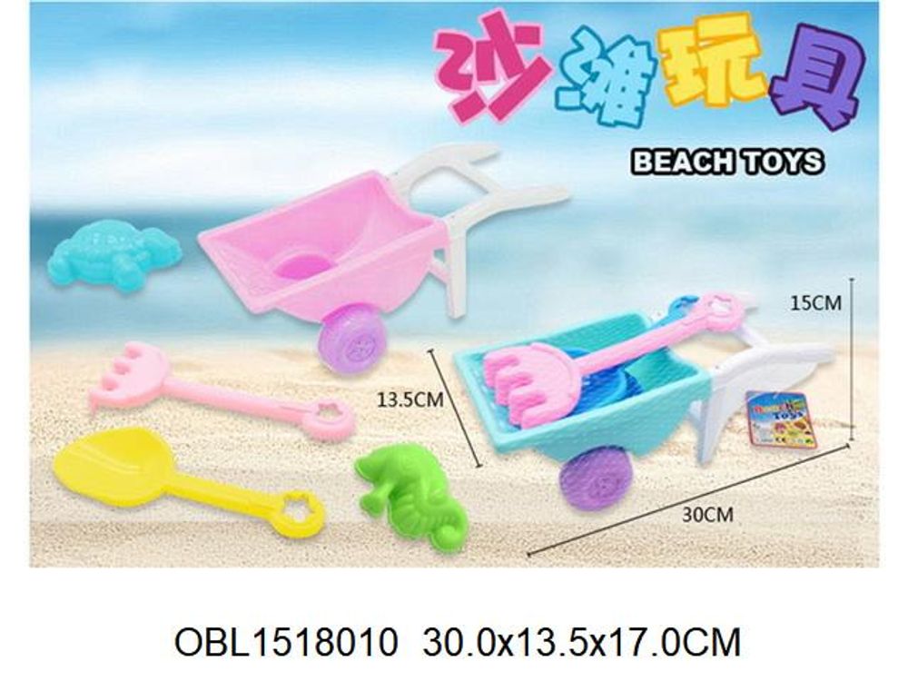 Набор для игры в песок 5 предм. тачка, грабли, совок, 2 форм, сетка OBL1518010