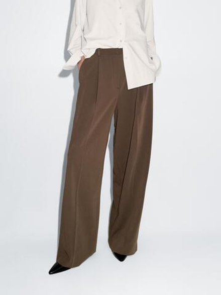 Massimo Dutti Брюки с широкими штанинами и защипами, коричневый