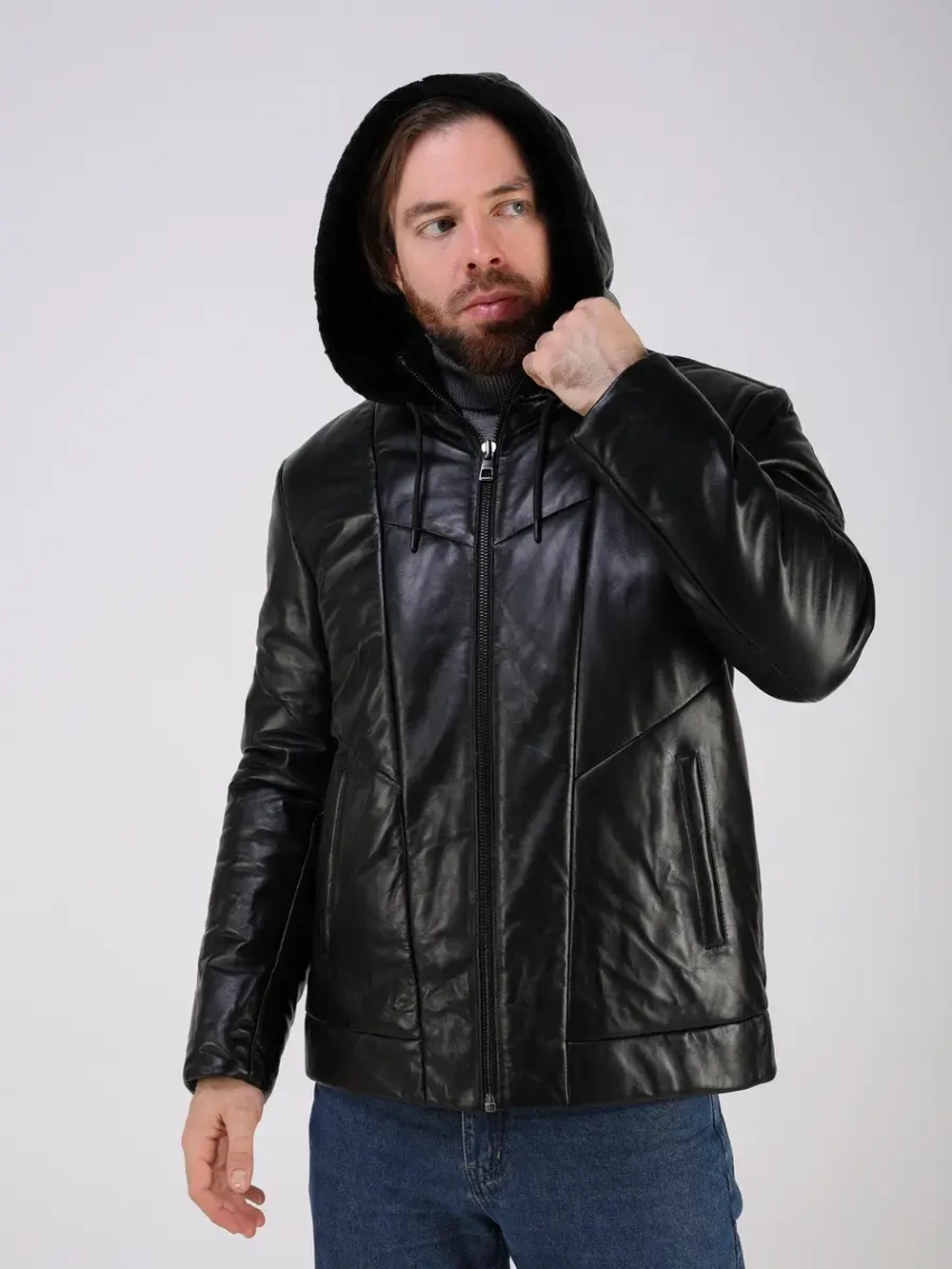 Куртка зимняя кожаная с капюшоном пуховик