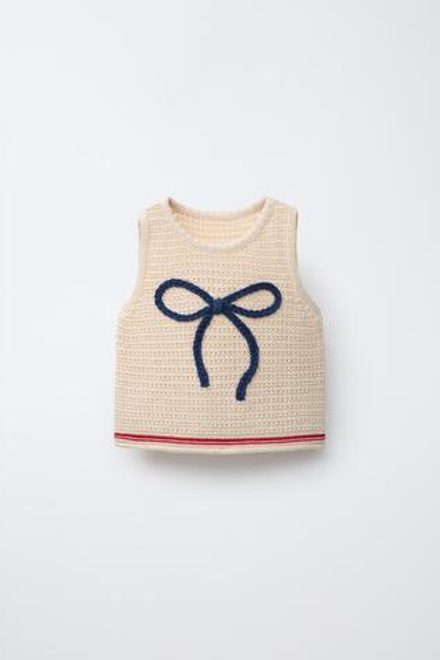 ZARA ТРИКОТАЖНЫЙ ТОП С БАНТОМ, ЭКРЮ
