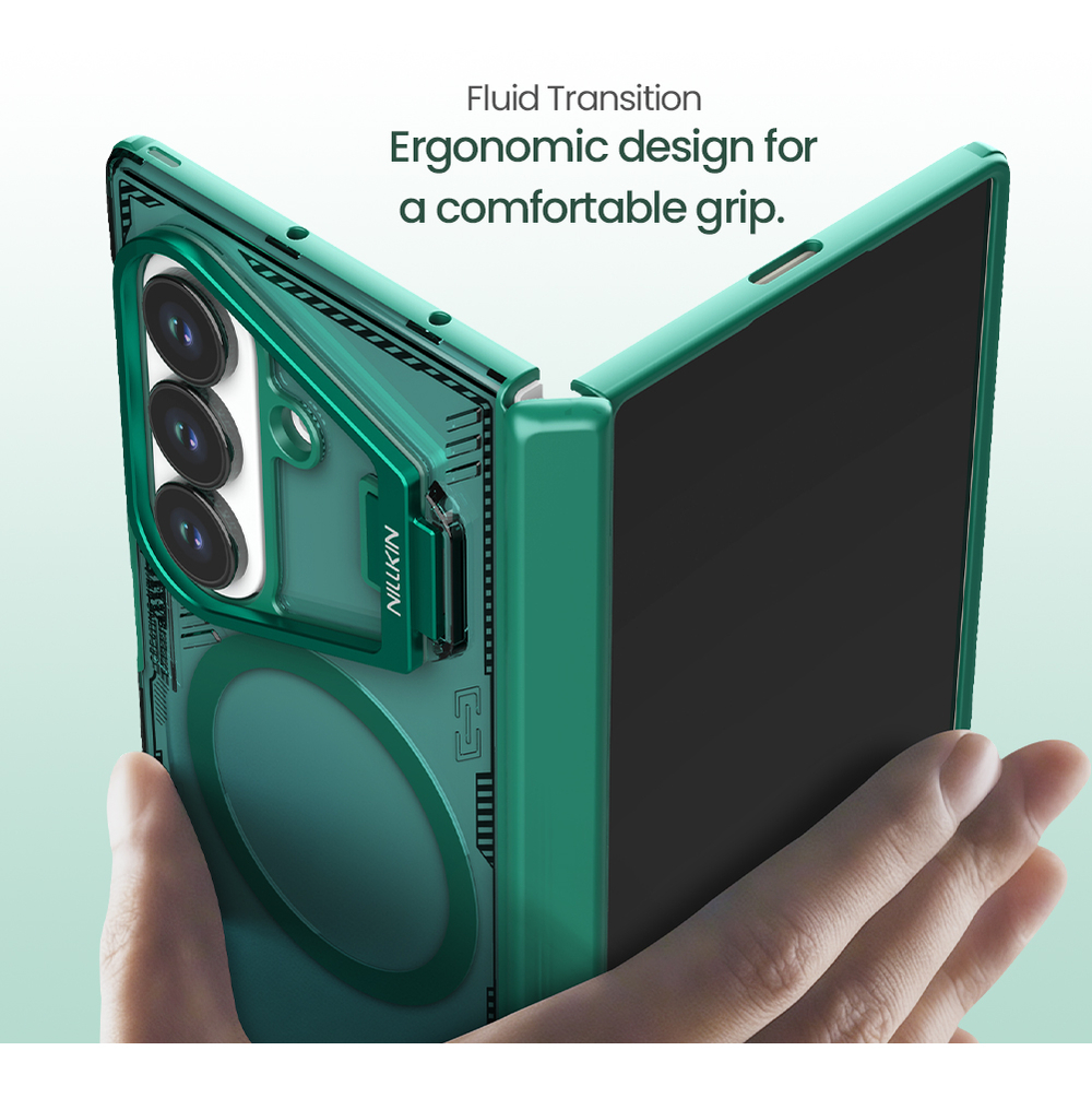 Чехол зеленого цвета с MagSafe от Nillkin с металлической откидной крышкой для камеры на Samsung Galaxy Fold 7, серия Iceblade Prop Magnetic