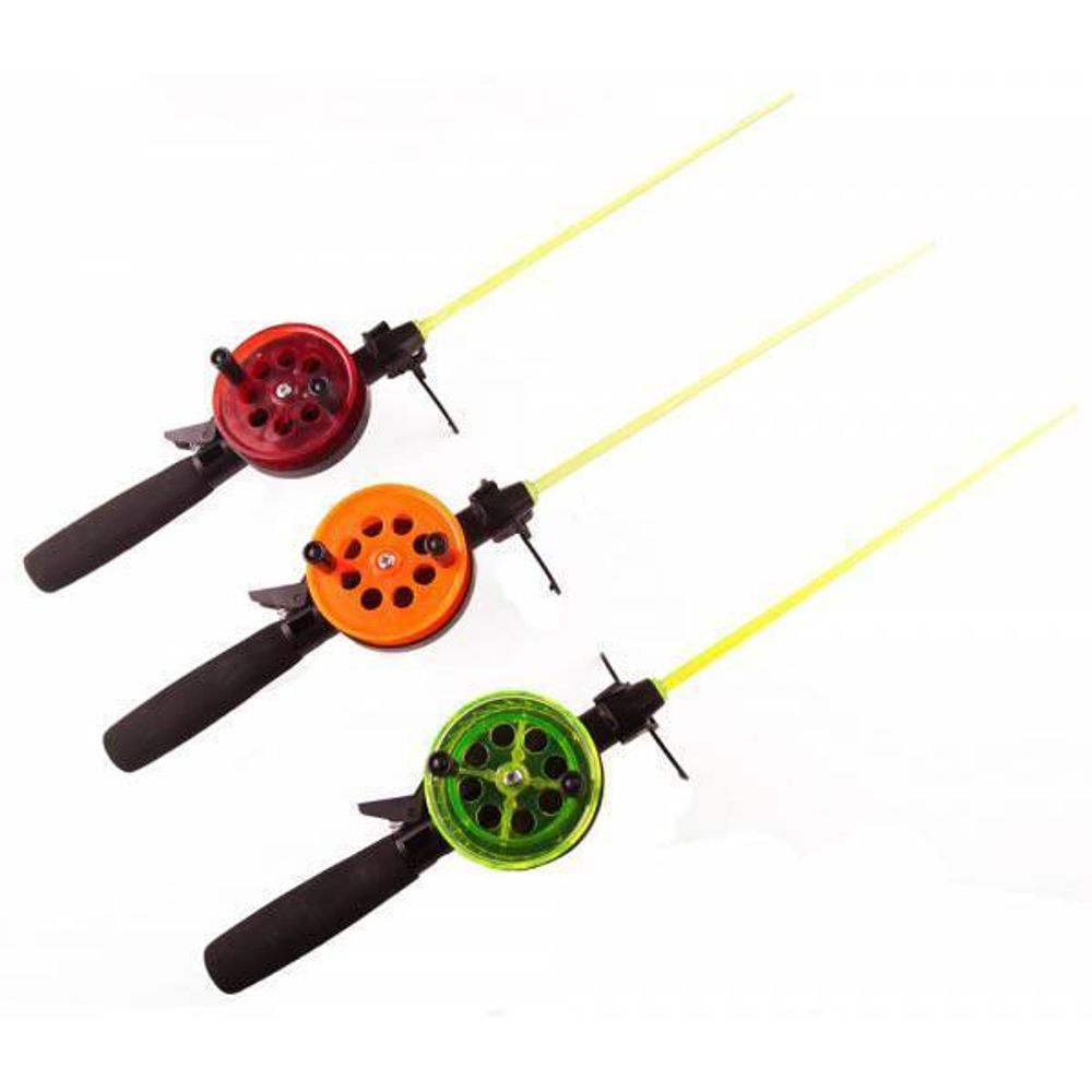 Удочка для зимней рыбалки Три Кита Tehno, катушка d-65mm с пластмассовой ручкой (хлыст стекловолокно), желтая, 3 штуки