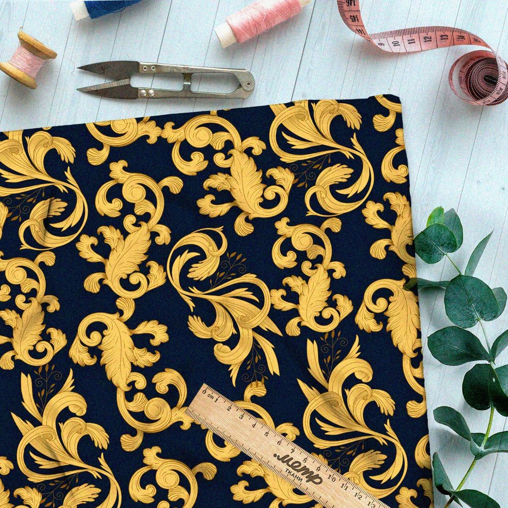 Ткань габардин золотые завитки листьев на чёрном фоне