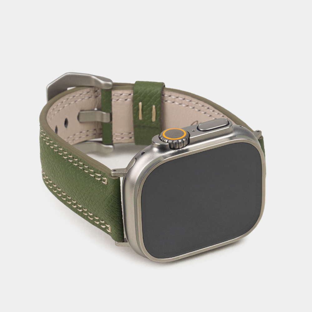 Ремешок для Apple Watch Ultra 49mm из кожи Saffiano, зеленого цвета с бежевой строчкой