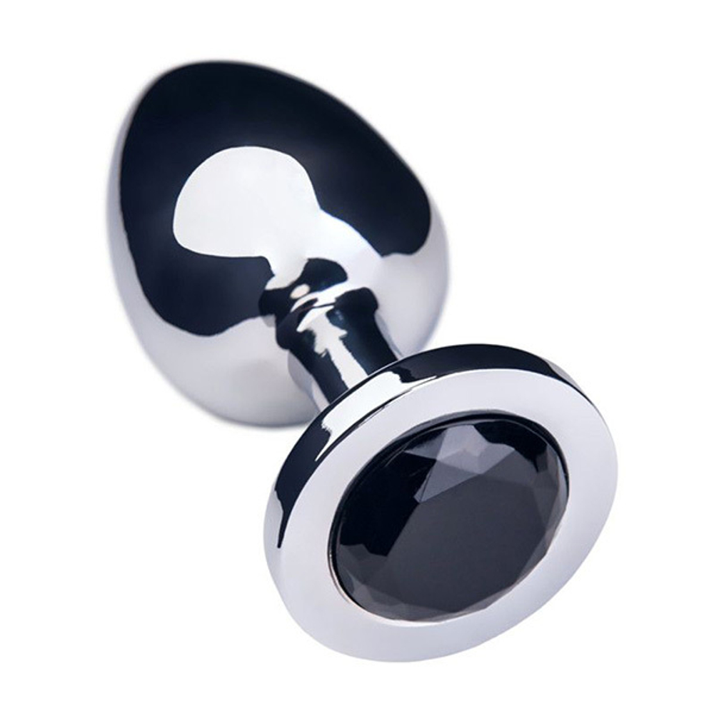 Большая серебристая анальная втулка 8,5см с чёрным кристаллом ToyFa Metal 712009