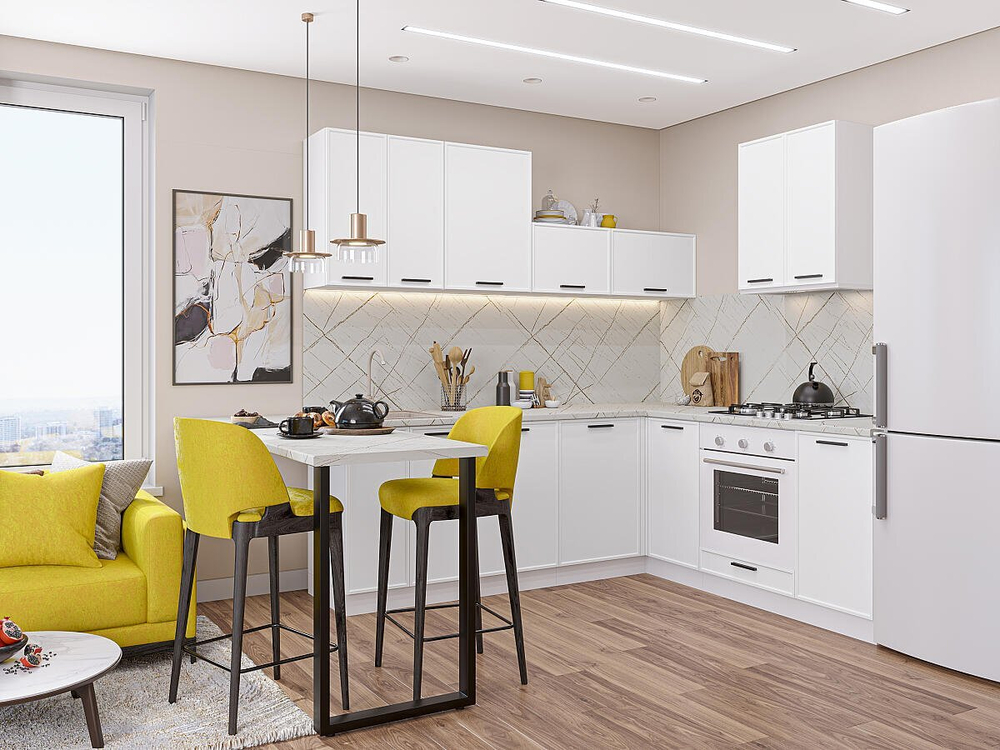 Угловая модульная кухня Фрейм-03 White Silk - Белый 2140*2200/2000*600