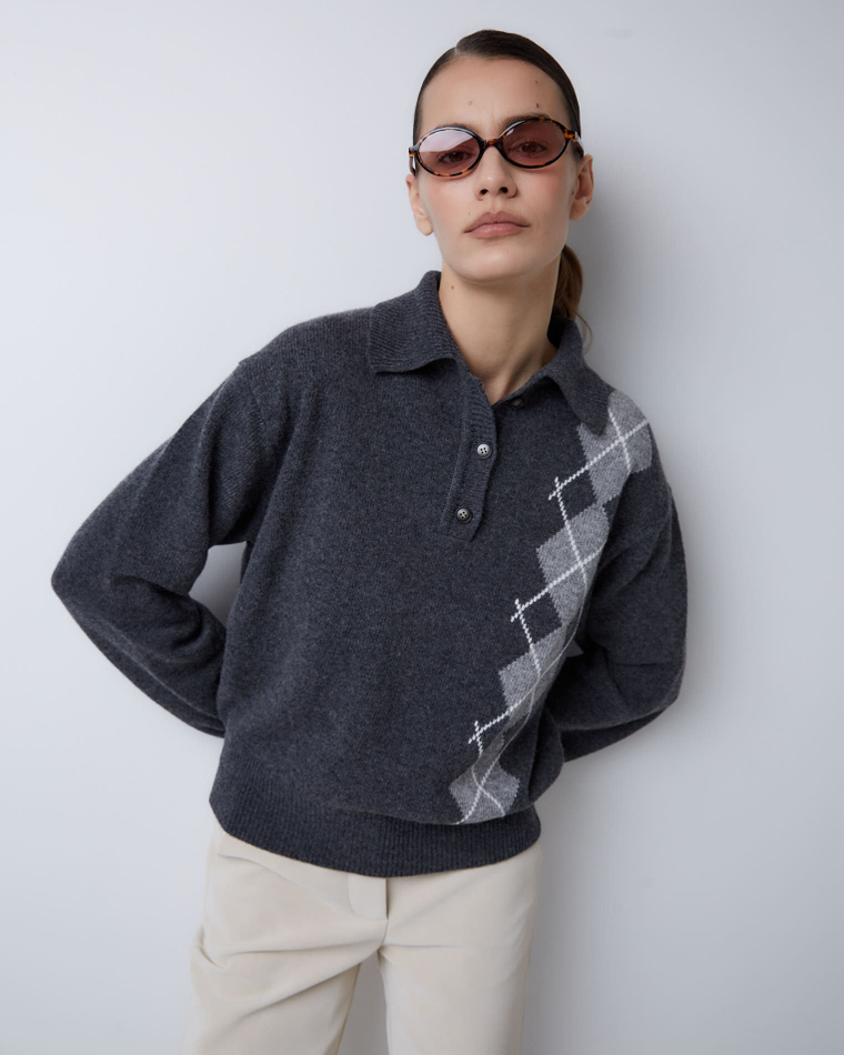 Поло из смесового кашемира ромбы темно-серый