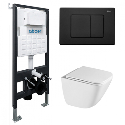 Комплект подвесной унитаз ABBER Rechteck AC1220TC белый, с закрытым дном с инсталляцией AC0105 и кнопкой AC0120MB черный матовый