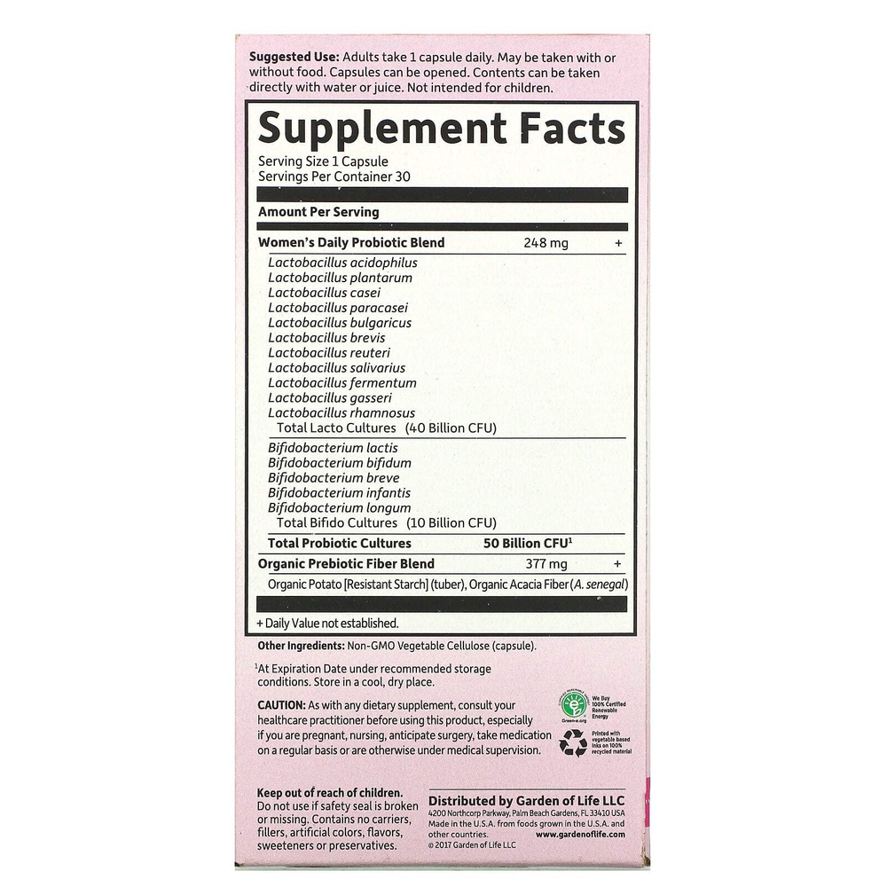Garden of Life, Dr. Formulated Probiotics, пробиотики, одна таблетка в день для женщин, 30 вегетарианских капсул