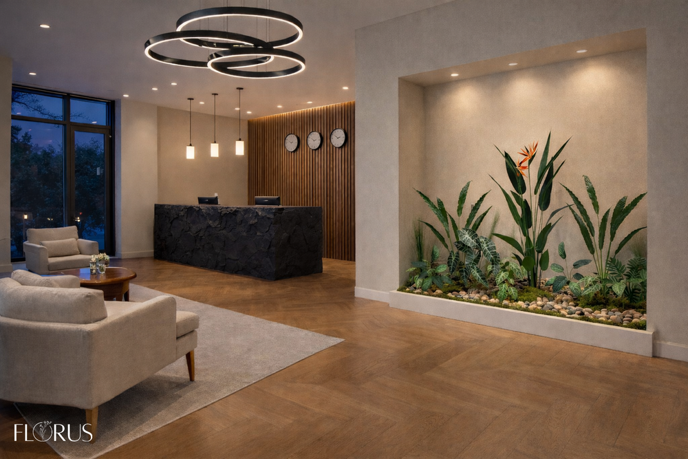 Напольная композиция в стиле тропики с кустами стрелиции высотой 150 см, длина 1,8–2 м