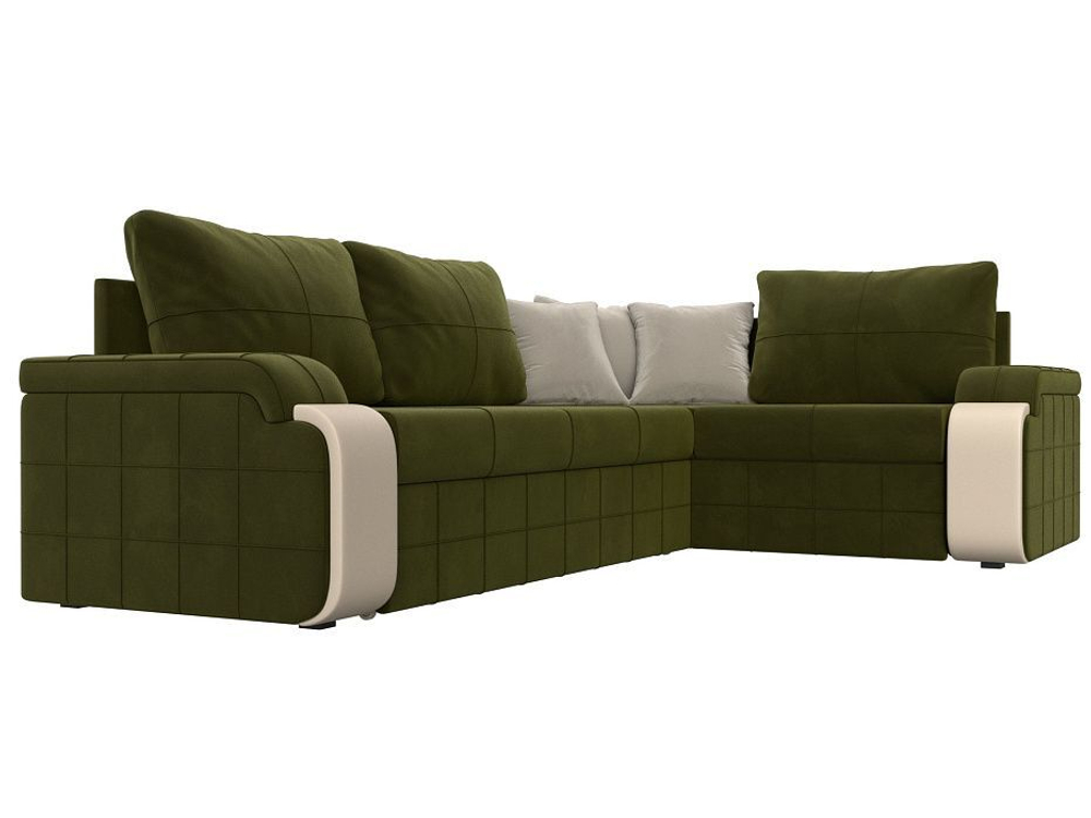 Диван угловой Николь правый угол, Зеленый\Бежевый\бежевый, Микровельвет\Экокожа, 29378