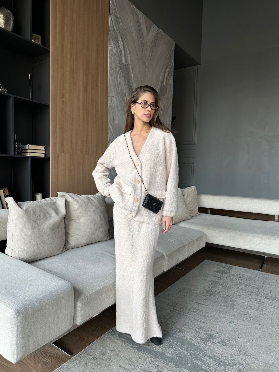 Кардиган из трикотажа с ворсом удлиненный кремовый