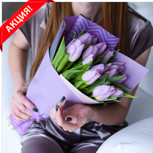 Купить Букет 15 сиреневых тюльпанов