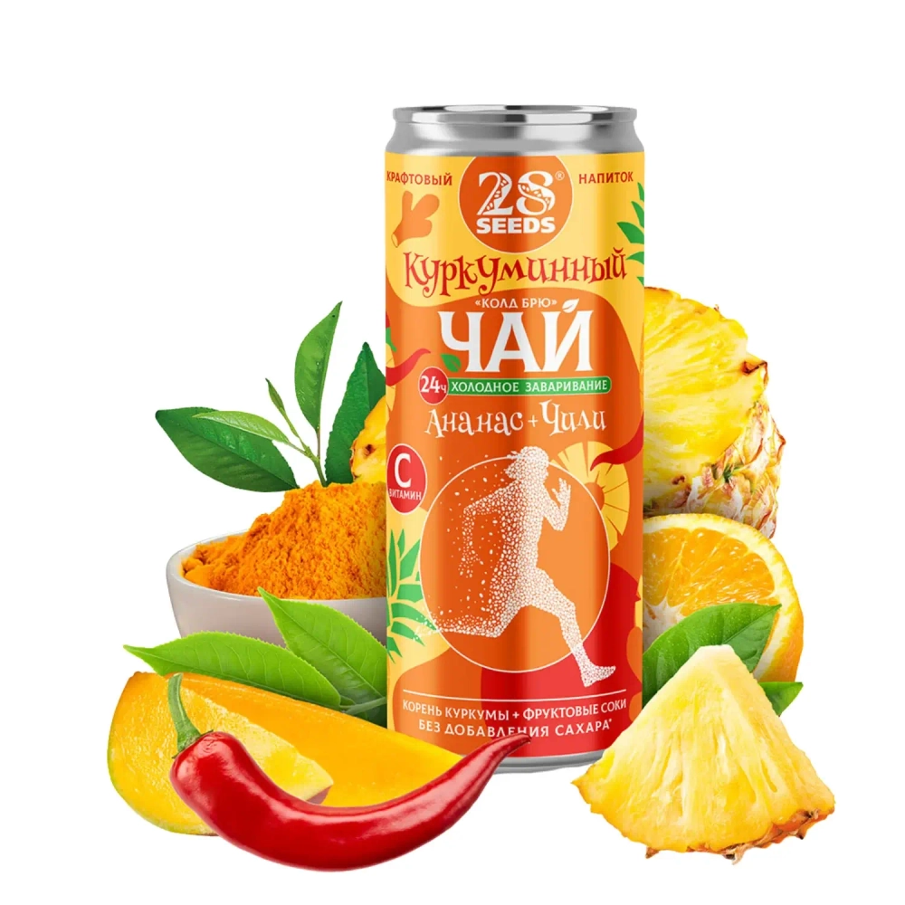 Куркуминный чай «Колд брю» Ананас и Чили 28SEEDS в банке на фоне ананаса, перца чили